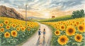 Two children walk hand in hand along a dirt path flanked by vibrant sunflower fields Royalty Free Stock Photo